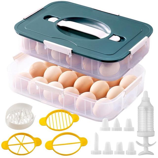 2 Layer Deviled Egg Containers with Lid, 36 Slots Deviled Egg Tray Carrier with Handle and Injector Piping Tool, Fridge Stackable Portable Clear Storage Egg Platter for Party Picnic Travel (Green)