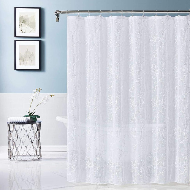 Dainty Home Bathroom 3D Stella Floral Chenille Linen Look Bath Shower Curtain 70" x 72" Water Resistant Polyester Blend Fabric Washable Perfect Cloth Shower Curtain Decor for Stylish Bathrooms