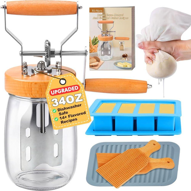TeeMars Butter Churner - Mason Jar Butter Churner Hand Crank, 34oz Manual Butter Maker in 15 Min, Free 14 Recipes, Paddle, Mold with Lid, Cheese Cloth & Anti-slip Mat