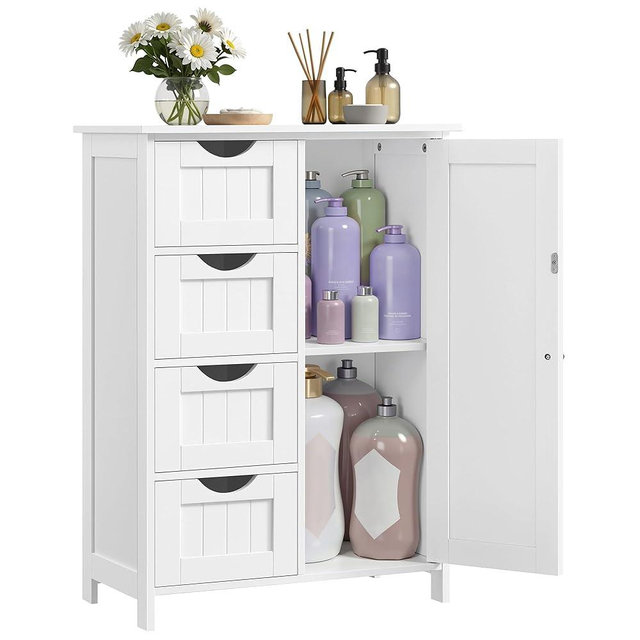 VASAGLE Storage Cabinet with Drawers, Freestanding Floor Cabinet with Door, 13.8 x 25.6 x 35.4 Inches, Adjustable Shelf, for Bathroom, Living Room, Kitchen, Cloud White ULHC042WH01S