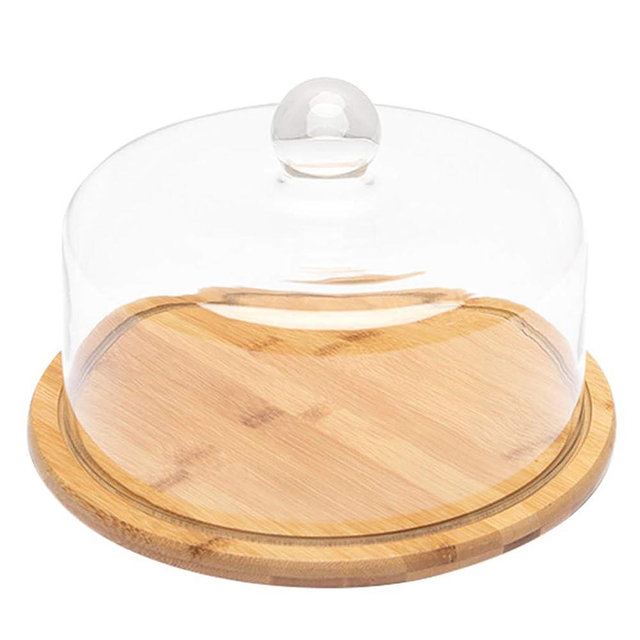9 inch Cake Stand with Dome, Mini Cake Plate Wooden Cake Holder with Lid Cake Plate with Glass Dome, Server Platter for Cake, Bread, Cupcake, Round Cake Stand Snack Glass Cake Dome