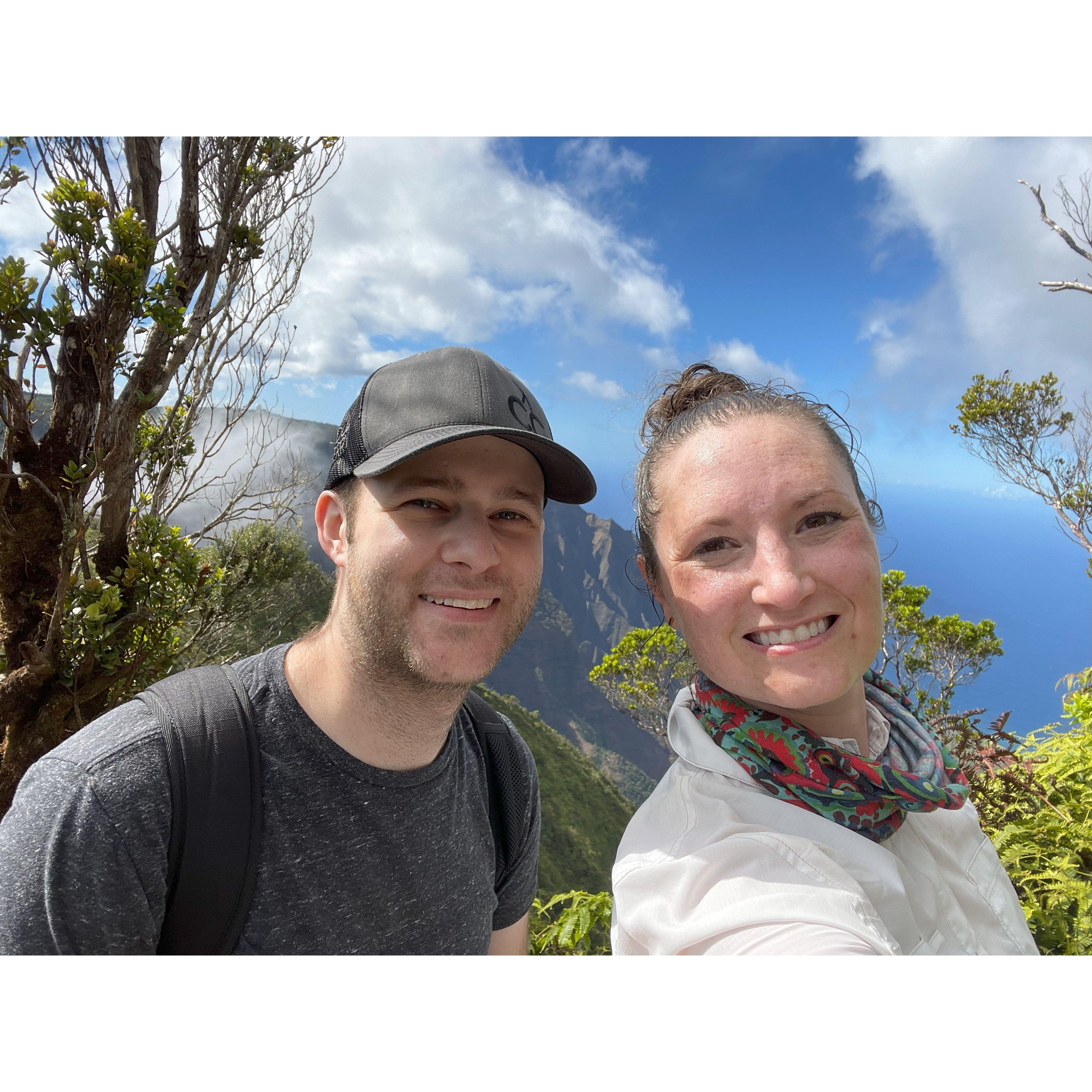 Hot and sweaty after a grueling hike (thick and very slippery mud on steep terrain) near the Napoli Coast on Kauai (Hawaii). November 2021