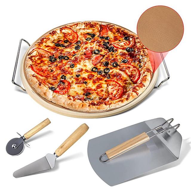 SINNAYEO 6 Piece Pizza Stone Set-13’’ Pizza Stone for Grill and Oven with Foldable Metal Pizza Peel and Accessories Set，Thermal Shock Resistant Cooking Stone for Best Crispy Crust