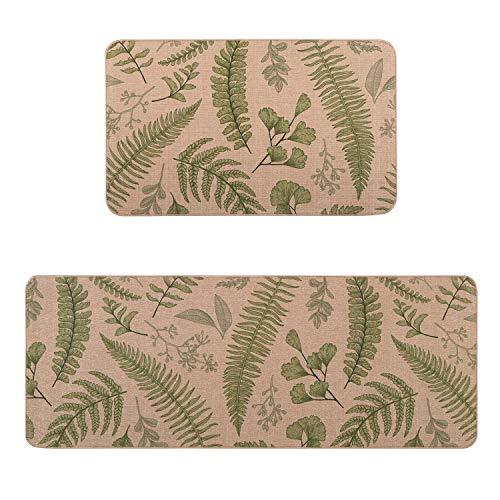 Kitchen Mat Set, KIMODE 2 Piece Microfiber Kitchen Floor Mat Heavy Duty Standing Mats Chef Non-Slip Rubber Back Washable Doormat Bathroom Runner Area Rug Carpet (18" x 29"+18" x 47", Palm Leaf)
