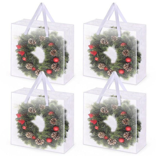 4PCS Christmas Wreath Storage Container, 25" Large Moving Bags Garland Container Clear Storage Bags with Handles Zippers Clear Christmas Storage Bags for Xmas Seasonal Holiday Wreath Storage Wrapping