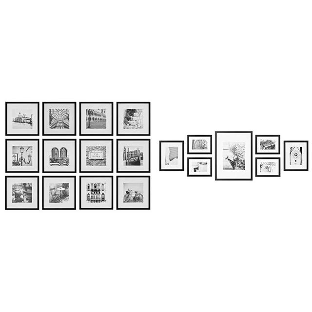 Gallery Perfect 12 Piece Black Square Photo Picture Hanging Template Gallery Wall Frame Set & 7 Piece Black Photo Kit with Decorative Art Prints & Hanging Template Gallery Wall Frame Set, Multi Size