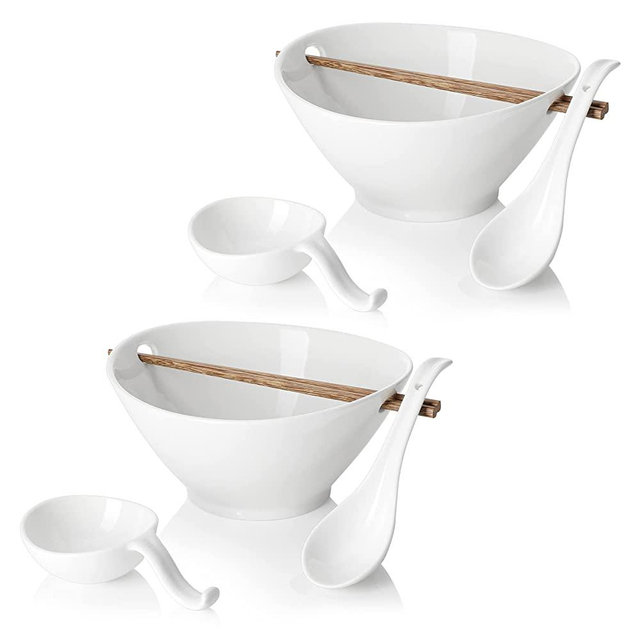 Sweese 148.201 Porcelain 35oz Ramen Bowl Set of 2 with Chopsticks & Spoons & Dipping Dishes, Large Bowls for Udon/ Soba/ Pho/ Noodles/ Ramen/ Salad/ Soup - White, Unique Design