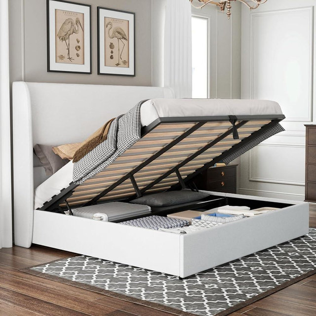 Jocisland King Size Bed Frame Lift Up Storage Bed Linen Upholstered Platform Bed with Wingback Headboard/Hydraulic Storage/No Box Spring Needed/Wood Slats Support/White
