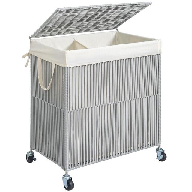 WOWLIVE Laundry Hamper with Wheels, Handwoven Rolling Laundry Basket with Lid, Clothes Hamper with Divided Removable Liner Bag, 115L Large Capacity Laundry Sorter Laundry Room Organization, Grey