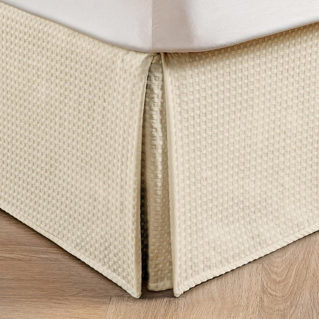 MIYE Pleated Waffle Weave Bed Skirt, Tailored Dust Ruffle 14 Inch Drop Easy Fit, Machine Washable,No Split Corners (Light Beige, Queen - 14" Drop)