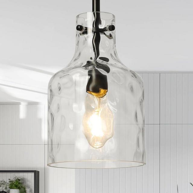WILON Industrial Glass Pendant Lights for Kitchen Island, Modern Black Pandent Light Fixture 7" Hammered Glass Shade Farmhouse Pendant Lights Adjustable Rod Hanging Light for Kitchen Sink Dining Room