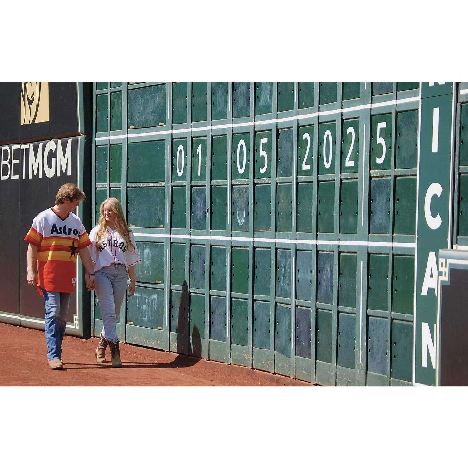 Photos at Minute Maid Park with our wedding date on the scoreboard