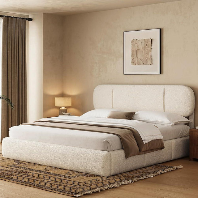 Uteeran King Size Bed Frame with Storage, Boucle Cloud Bed with 4 Locking Drawers & LED Lights, Modern Upholstered Platform Bed, Plush Sides & Footboard, Adjustable Headboard, No Box Spring, Beige