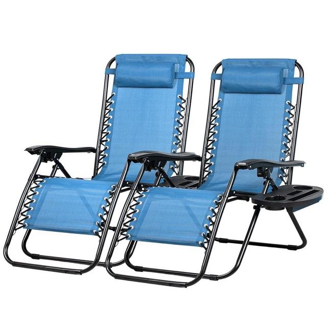 Nazhura Set of 2 Relaxing Recliners Patio Chairs Adjustable Steel Mesh Zero Gravity Lounge Chair Beach Chairs with Pillow and Cup Holder (Sky Blue)