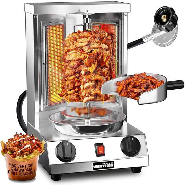 WantJoin Shawarma Grill Machine, Gas Vertical Rotisserie with 2 Burners for Home, Countertop Rotating Doner Kebab Oven Broiler Gyro Maker with Shovel, 11.6 * 11.8 * 19 inches, 110V