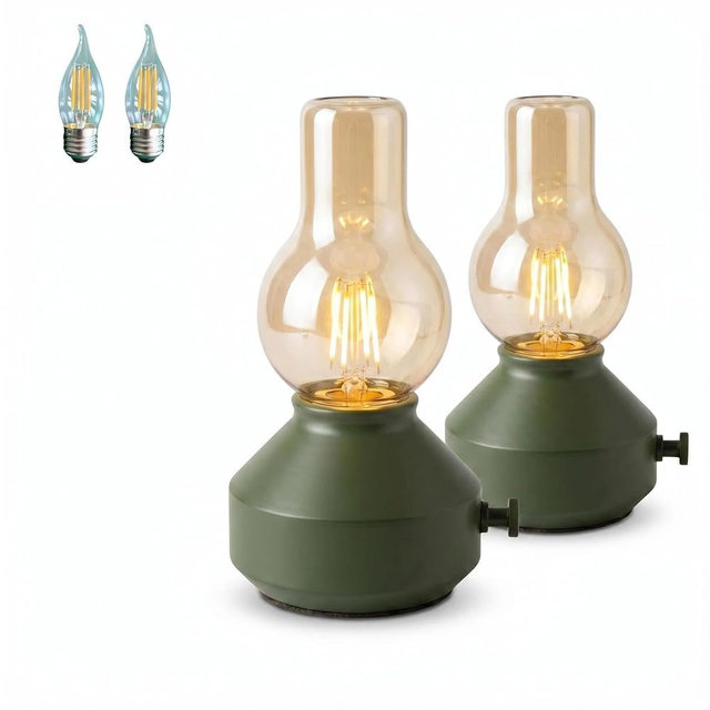 Wciot Vintage Rechargeable Cordless Table Lamp 2 Pack,Dimmable Rotary Control, Small Battery-Powered,Hand-Blown Glass, Bulbs Included,Retro Farmhouse Lamp for Bedroom, Living Room, Kitchen,Green