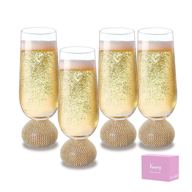 Champagne Flutes set of 4,Stemless Wedding Champagne Glasses,Unbreakable Crystal Fancy Mimosa Glasses,10 Oz Short Handle Champagne Flutes,for Engagement,Bachelorette Party,Birthday(Gold Clear)