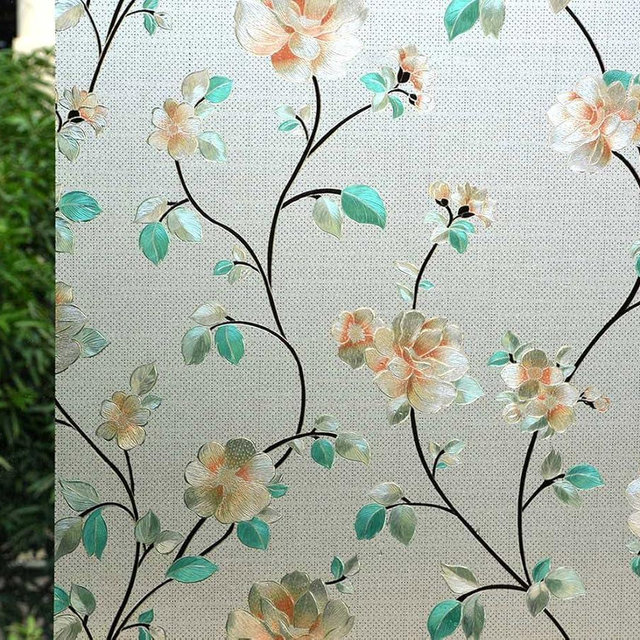 VSUDO Static Cling Decorative Window Privacy Film – Frosted Privacy Window Film with Jasmine Floral & Stained Glass Design, Adhesive-Free Tint for Home, Bathroom & Office (11.8" x 78.7")