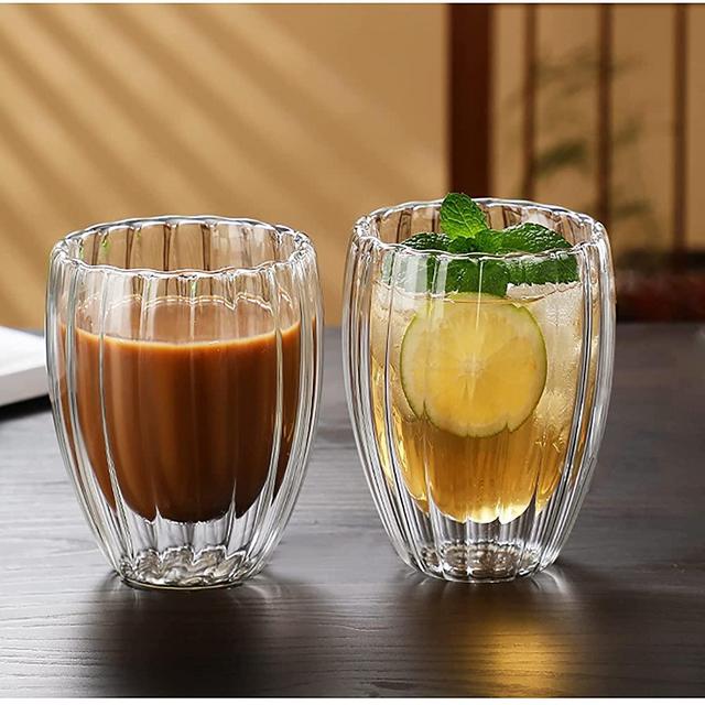 Glass Coffee Mugs, 10oz Latte Cappuccino Cups Set, Vintage Striped Double Glass Insulated Coffee Mug Borosilicate Glass Cups for Espresso, Beverage, Milk, Tea, Juice, Christmas Thanksgiving Gifts