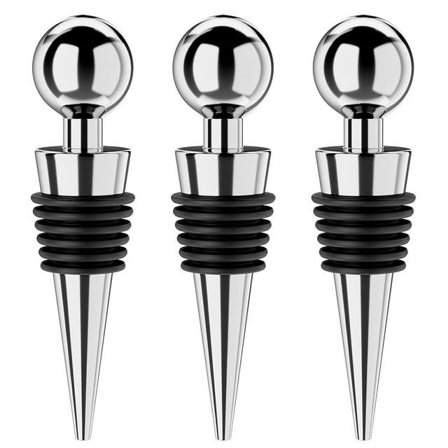 BETTFOR Wine Stoppers for Wine Bottles 3Pcs Vacuum Wine Bottle Stopper with Silicone Reusable Wine Corks, Leak proof Keep Fresh Suitable for Standard Bottle (Silver, 3 Pack)
