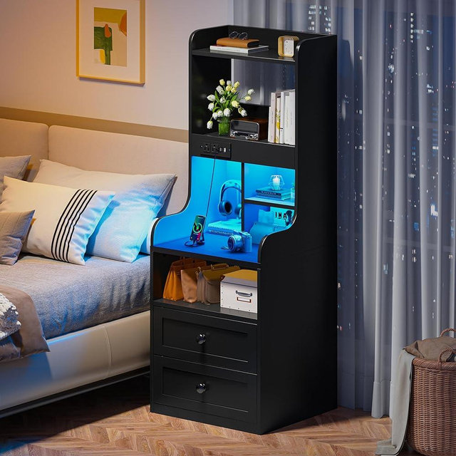 EnHomee Tall Nightstand with Charging Station and LED Lights Black Nightstand with 2 Drawers and Shelves Large LED Nightstand with USB Ports and Outlets Bedroom Night Stand Farmhouse Nightstand, Black