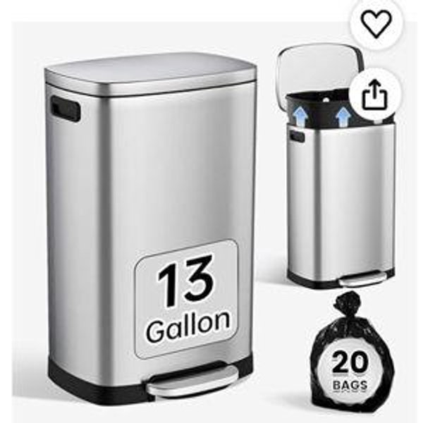 ELPHECO Kitchen Trash Can with Lid Soft Close,13 Gallon / 50L Stainless Steel Pedal Garbage Can, Heavy-Duty Fingerprint Proof Step Wastebasket with 20 Bags, Removable Bucket, Home Office, Silver