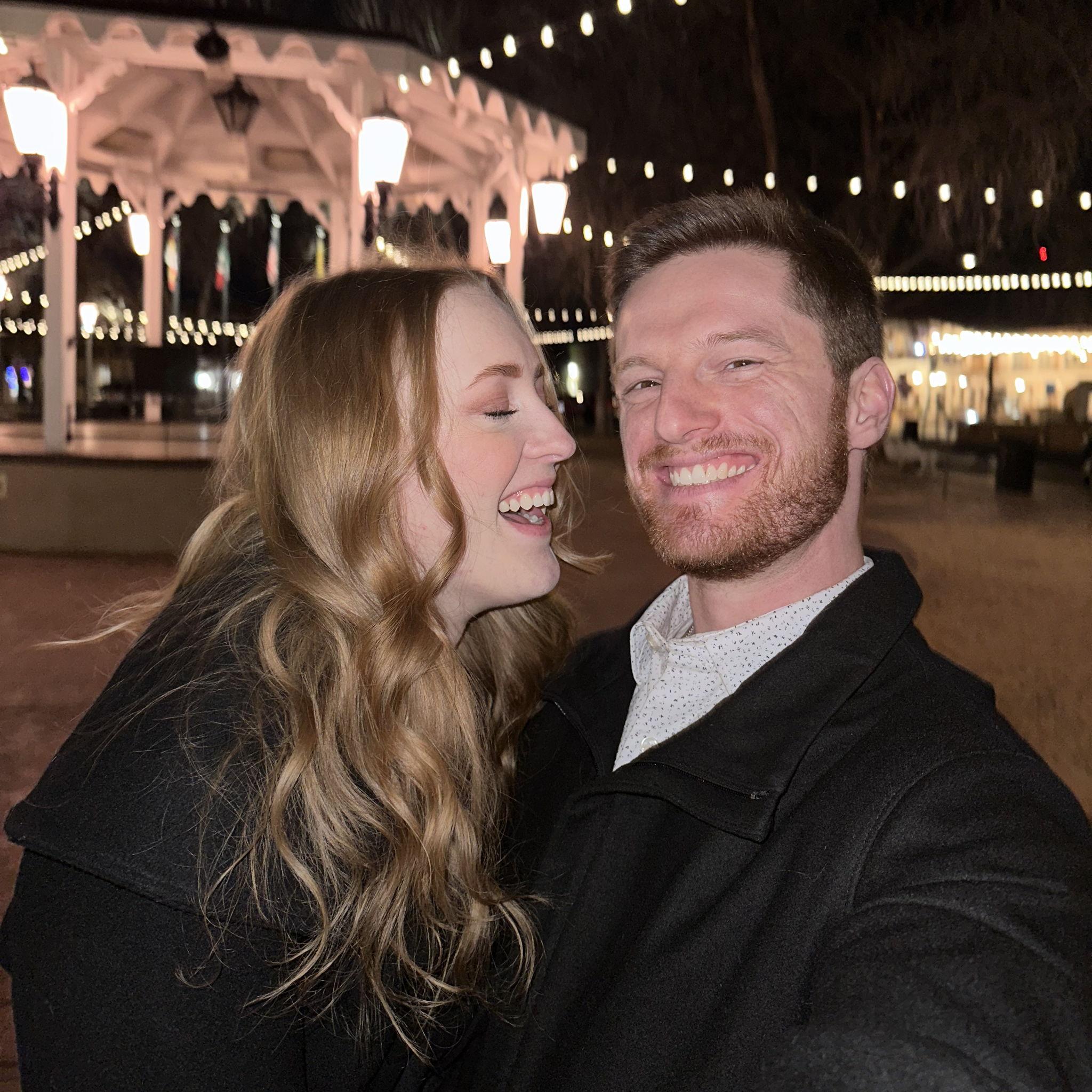 Walking around Old Town after our anniversary dinner (February 2023).