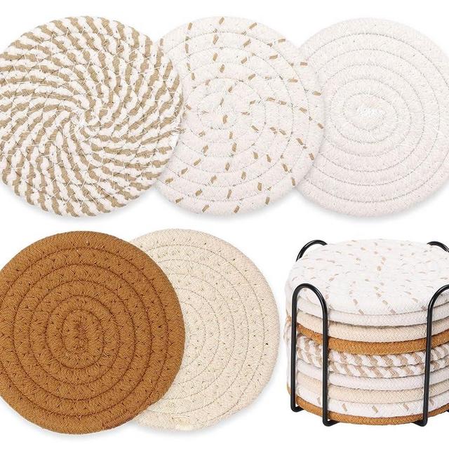 10 Pieces Boho Coasters for Drinks, Billbotk Absorbent Drink Coasters with Holder, CuteCoaster Set for Boho Home Decor, Apartment Decor Aesthetic, Living Room Essentials, 4.3 Inches