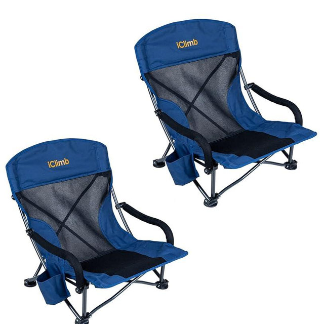 iClimb Low Wide Beach Camping Folding Chair with Side Pocket and Carry Bag (2, Navy)