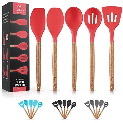 Premium 5 Piece Silicone Utensils Set with Authentic Acacia Hardwood Handles, All Purpose Silicone Spatulas Kitchen Set, Wood Cooking Utensils Set, Non-Stick Cookware by Zulay Kitchen - Red