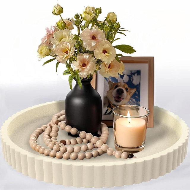 13" Round Concrete Tray for Coffee Table Decor,Modern Gray Centerpiece Decorative Home Table Serving Tray for Living Room,Office,or Dining Room - Durable and Stylish (Cream)