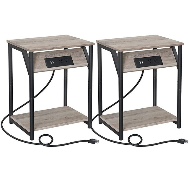 VASAGLE Side Tables with Charging Station, Set of 2 End Tables with USB Ports and Outlets, Nightstands for Living Room, Bedroom, Plug-in Series, Greige and Black ULET372B02