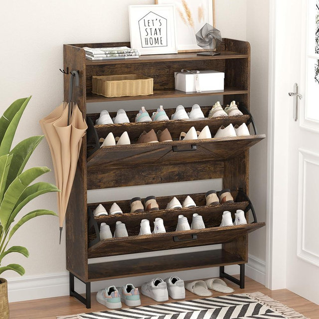 Shoe Cabinet with 2 Flip Drawers, Freestanding Hidden Shoe Storage Organizer for Entryway, Narrow Slim Shoe Rack Cabinet with Open Storage & Hooks for Front Door Entrance, Living Room, Hallway, Brown