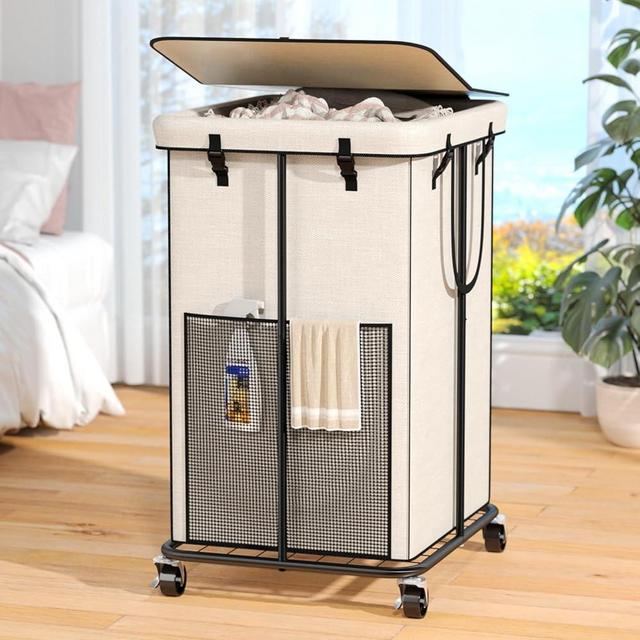 150l Laundry Hamper with Lid, Rolling Laundry Basket with Wheels, Large & Tall Dirty Clothes Hamper with Metal Frame and Removable Bag for Bedroom Aesthetic, Laundry Room, Bathroom, Dorm-White