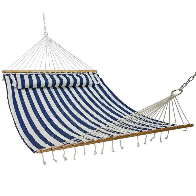 Sunnydaze Quilted Outdoor Hammock with Spreader Bars - Heavy-Duty 450-Pound Capacity Double Hammock for Outside - Blue and White Stripe