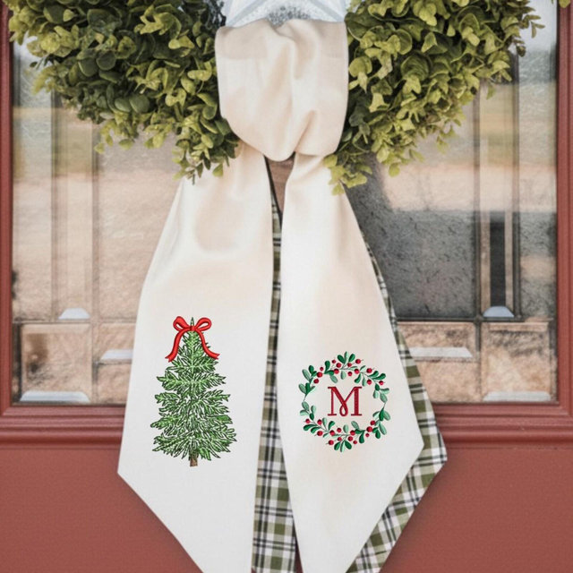 Christmas Bow Tree With Personalized Monogram Letter Embroidered Wreath Sash, Custom Name Organic Linen Winter Embroidery Sash Door Decor