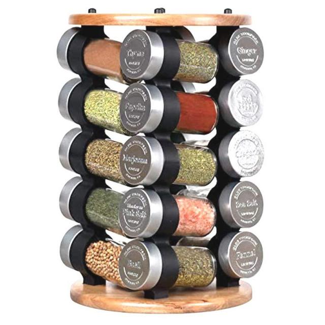 Olde Thompson Rotating Rack 20 Jar Embossed Revolving Spice Rack,Acacia Wood | 7.5" L x 7.5" W x 13" H | Holds up to 20 spices