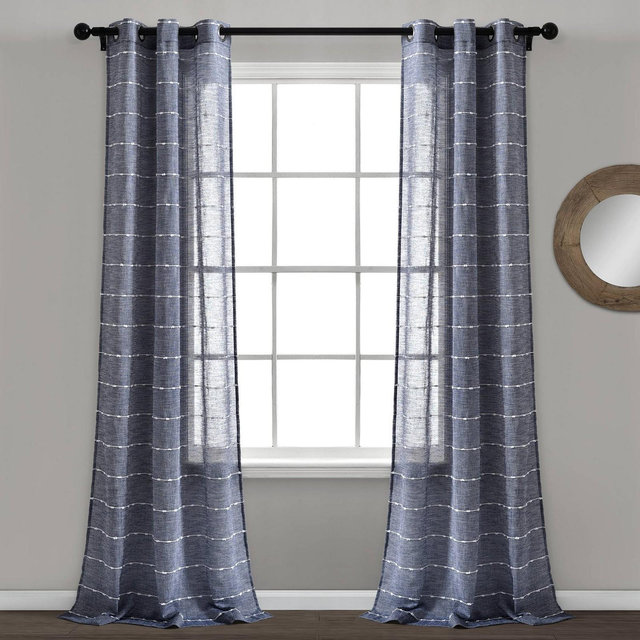 Set of 2 38"x84" Farmhouse Textured Grommet Sheer Window Curtain Panels Navy - Lush Décor
