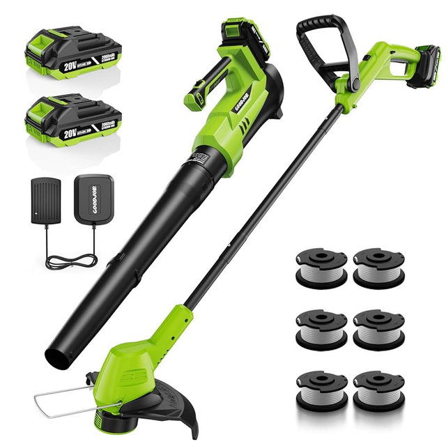 GOODJOB 20V 12" Cordless String Trimmer & 650CFM Leaf Blower Combo with 2X Batteries - Ultra-Light 3.5lbs Auto-Feed Weed Eater for Lawn Care