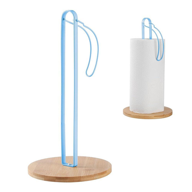 TONLEA Wood Paper Towel Holder with Fixer, Paper Towel Holder Countertop, Kitchen Towel Holder Free-Standing with Fixed or Non-Slip Wooden Base-Blue