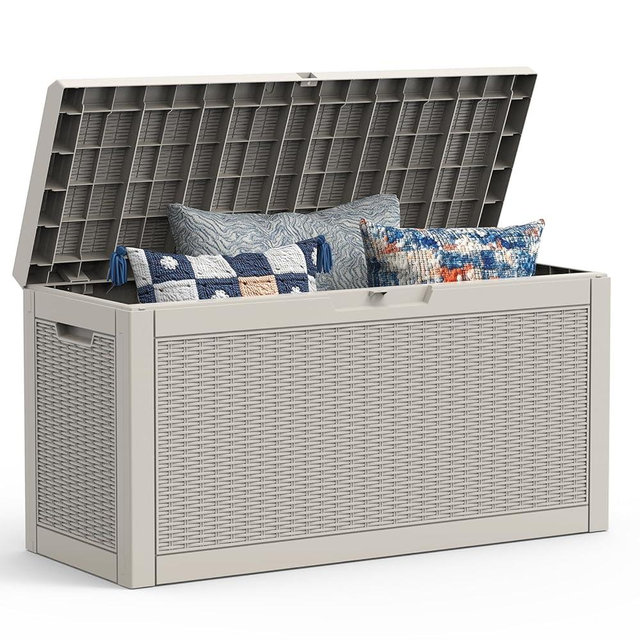 Mars Villa 60 Gallon Outdoor Storage Bench, Deck Box Waterproof Outside Resin Storage Bin for Outdoor Patio Furniture Cushion, Pool Supply, Garden Tool, UV-Resistant and Weatherproof, Rattan Greige