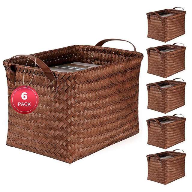 Stylave 15L Laundry Baskets Waterproof Storage Baskets For Shelves Large Laundry Hamper With Leather Handle -set of 6 Cube Organizers Woven Bins for Bathroom,Bedroom,Pantry,Clothes,Car & Towels-Brown