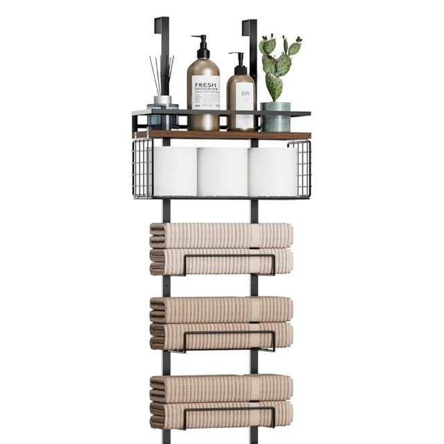 Towel Racks for Bathroom Over The Door Towel Racks Towel Storage Organizer with Metal Shelf Basket for Bathroom Rv Camper (7-Tier Black with Brown Plank)