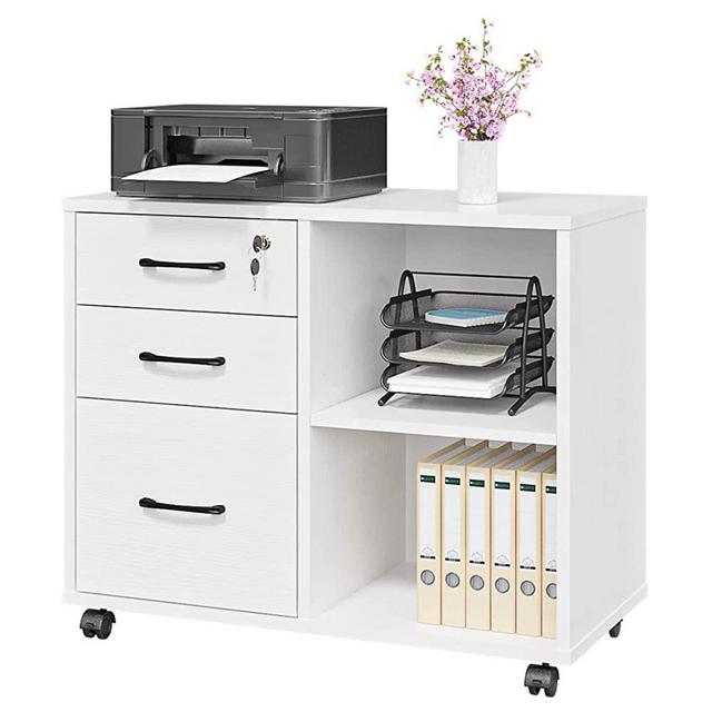 Wood File Cabinet, 3 Drawer Mobile Lateral Filing Cabinet On Wheels, Printer Stand with Open Storage Shelves for Home Office(White)