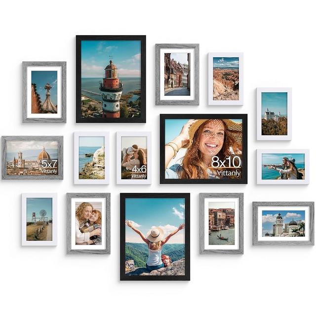 Vittanly 15 Pack Picture Frames Collage Wall Decor, Multi Sizes Including 3pcs 8x10, 6pcs 5x7 and 6pcs 4x6 Photo Frames, Gallery Frame Set for Wall or Tabletop Display, Black, Grey and White