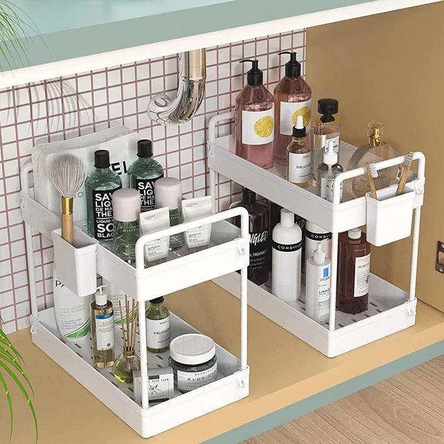  PUILUO Under Sliding Cabinet Basket Organizer, 2 Tier Under  Sink Organizers Black Under Sink Storage for Bathroom Kitchen : Home &  Kitchen