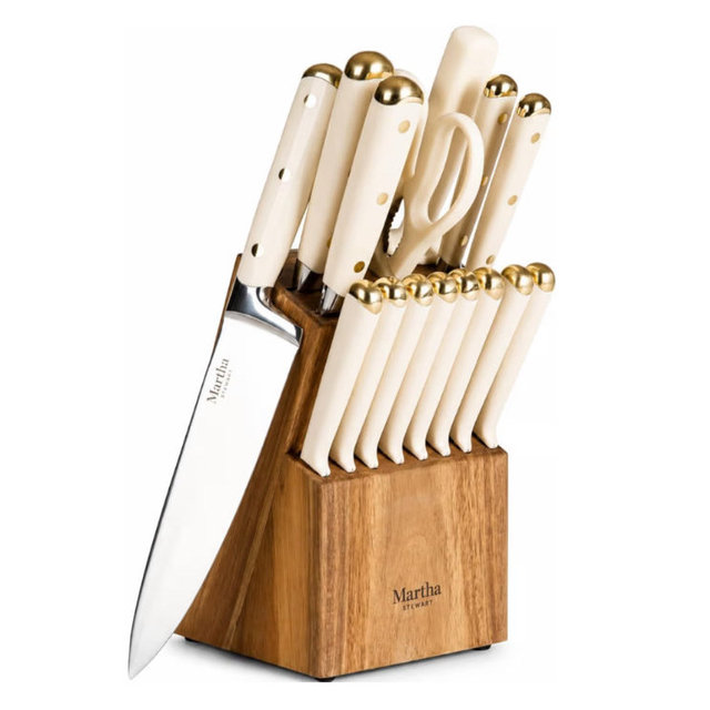 Martha Stewart Knife Block Set 16-Piece - Lockton High Carbon Stainless Steel Forged Full Tang Chef Knives, Acacia Wood Block, Triple Riveted Handles, Linen White & Gold