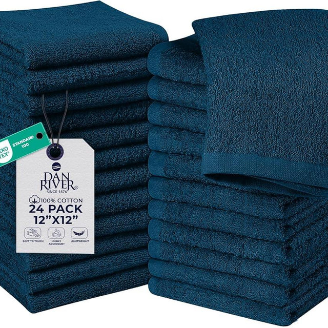 DAN RIVER 24 Pack Wash Cloths for Showering [12x12] - 100% Cotton Washcloths Premium Quality Flannel Face Cloths for Bathroom, Highly Absorbent and Soft Feel Wash Clothes, Blue Opal
