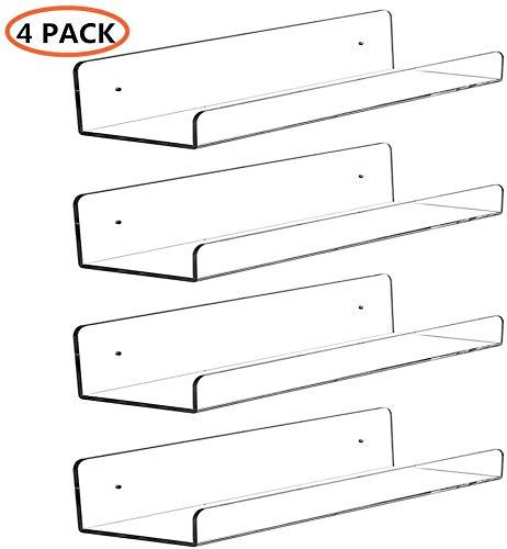 CY craft Clear Acrylic Floating Shelves Display Ledge, 5 MM Thick Wall Mounted Storage Shelf for Kitchen/Bathroom/Office,Invisible Kids Bookshelf and Spice Rack,15 Inch,Set of 4