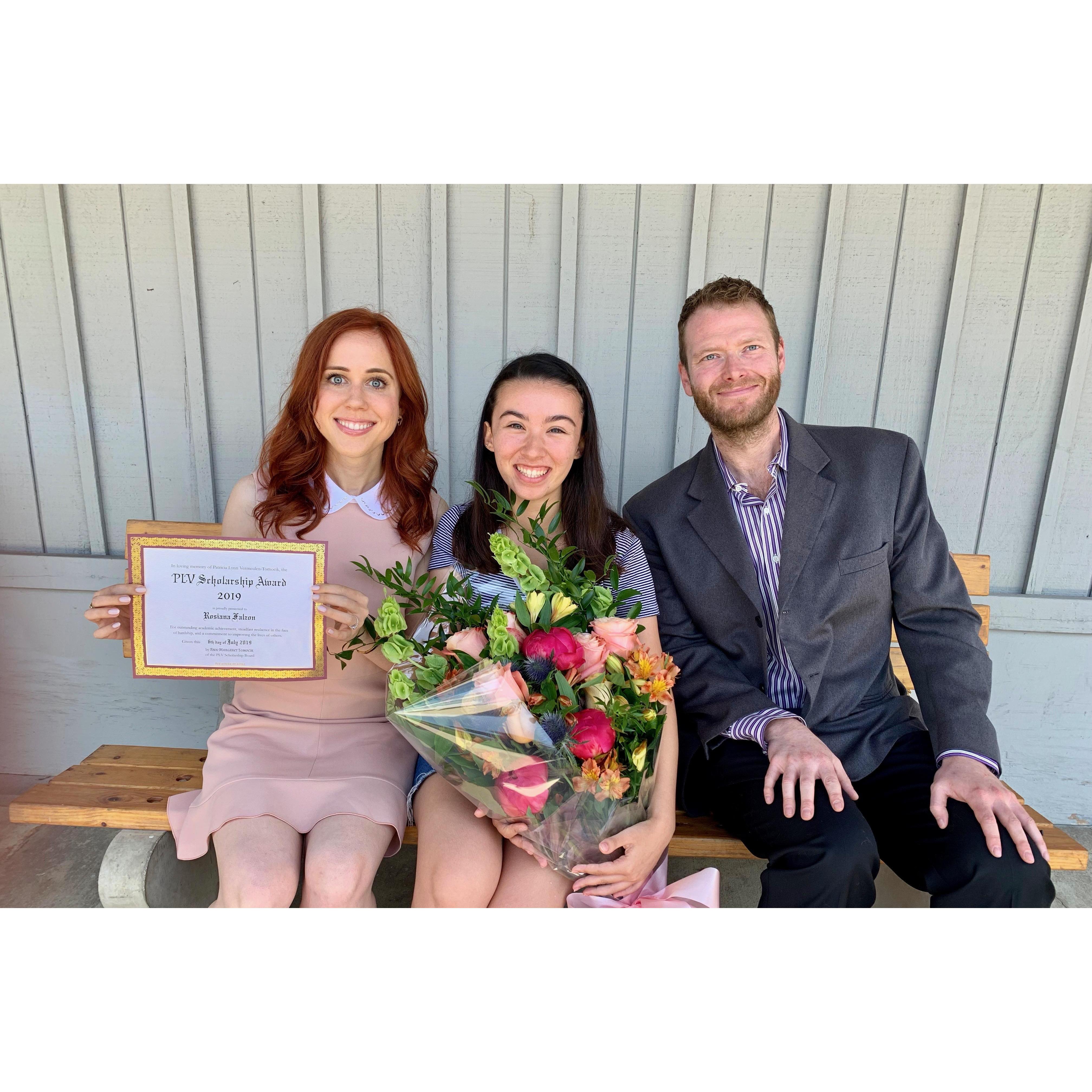 With a 2019 PLV Scholarship winner, Rosiana, on 7/6/19. Ann-Margaret founded this scholarship in memory of her mother and was so grateful to have Shawn's support throughout the entire process.
